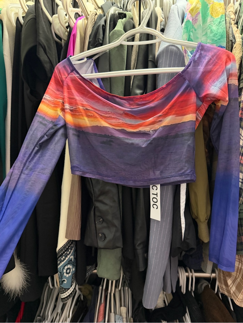 Sunset Sheer Long-Sleeve Crop Top - Purple/Red
